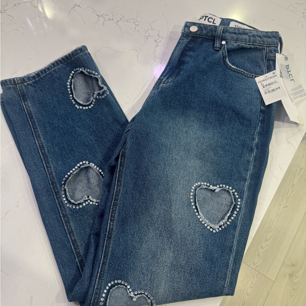 Rhinestone Heart Cutout Jeans